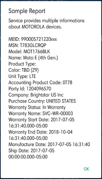 Check IMEI Service sample report for Motorola