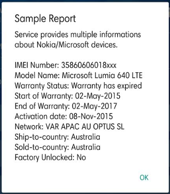 Check IMEI Service sample report for Nokia