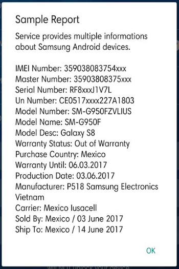 Check IMEI Service sample report for Samsung